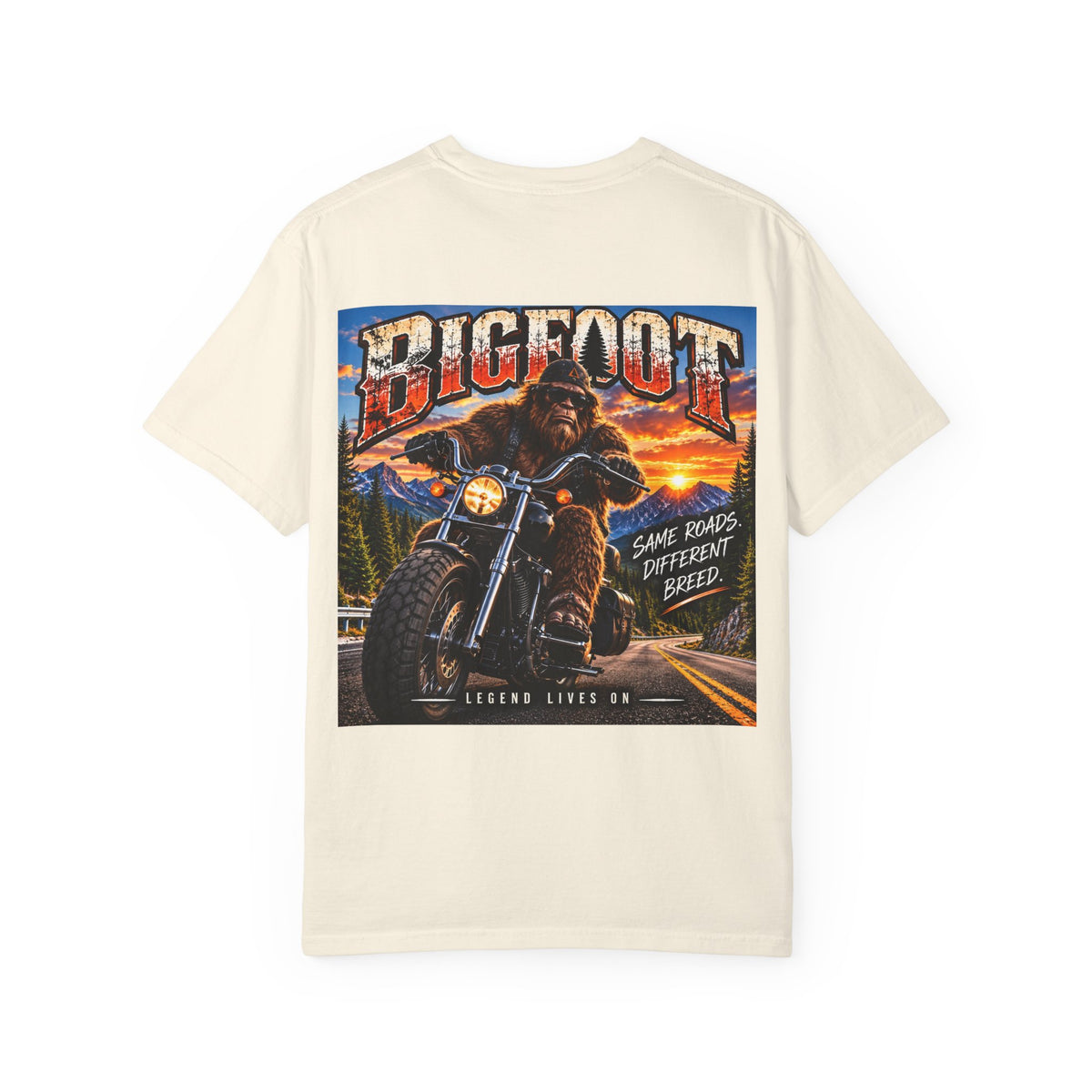 Back Print - Bigfoot Motorcycle Rider T-shirt | Sasquatch Biker Graphic, Retro Sunset