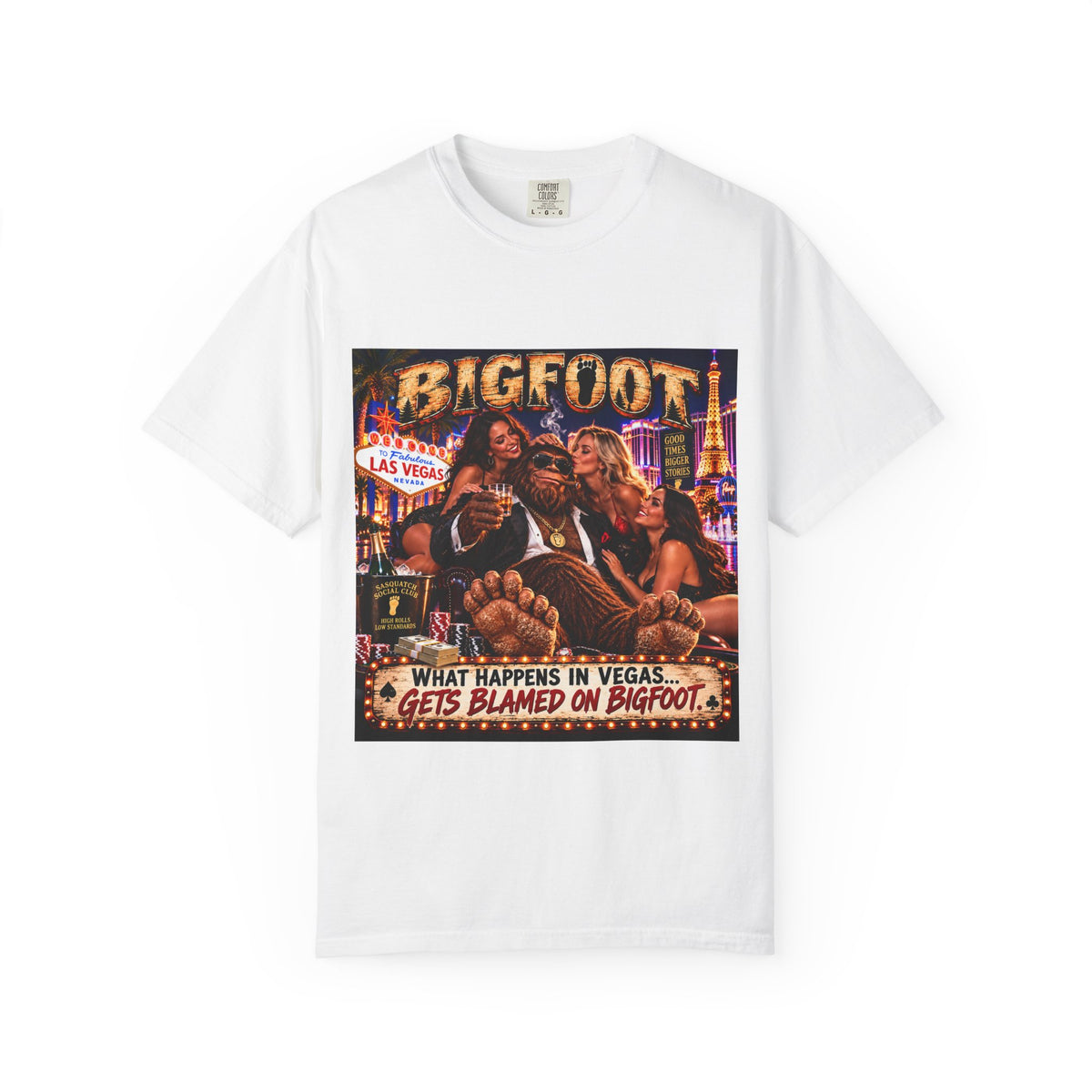 Bigfoot in Las Vegas T-shirt | Retro Casino Scene, 'What Happens in Vegas...'}