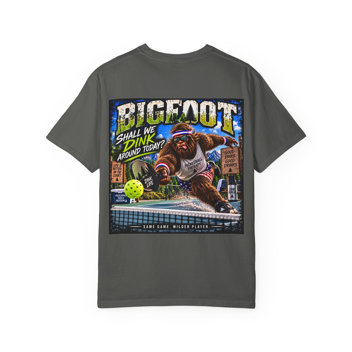 Back Print - Bigfoot Pickleball Poster Art T-Shirt | Shall We Dink Retro Graphic