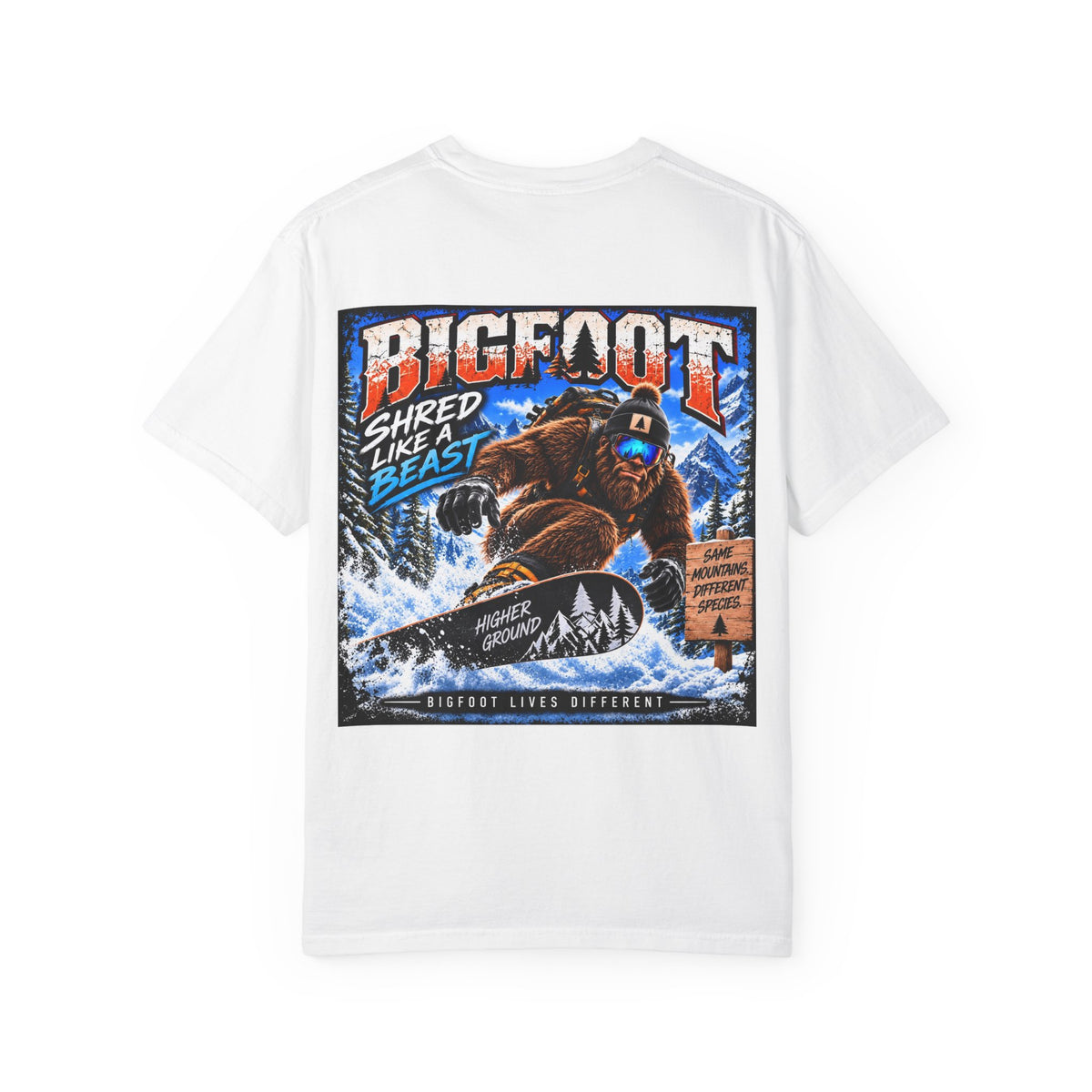 Back Print -  Bigfoot Snowboarder Illustration T-Shirt | Shred Like a Beast Tee
