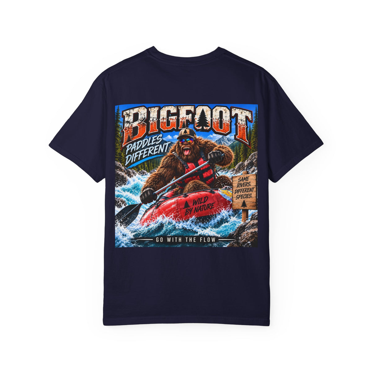 Back Print -  Bigfoot Kayaking Tee | Sasquatch Paddles Different, River Rapids Graphic Shirt