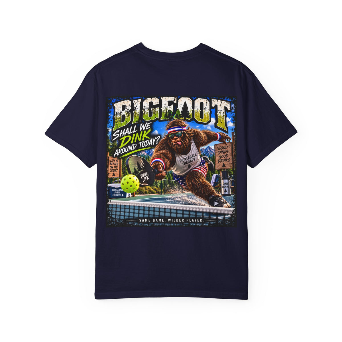 Back Print - Bigfoot Pickleball Poster Art T-Shirt | Shall We Dink Retro Graphic