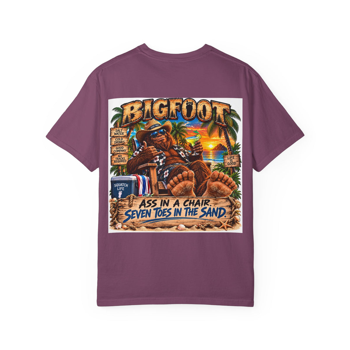 Back Print -Bigfoot Beach Scene T-shirt | Bigfoot Relaxing in Chair Sunset Graphic