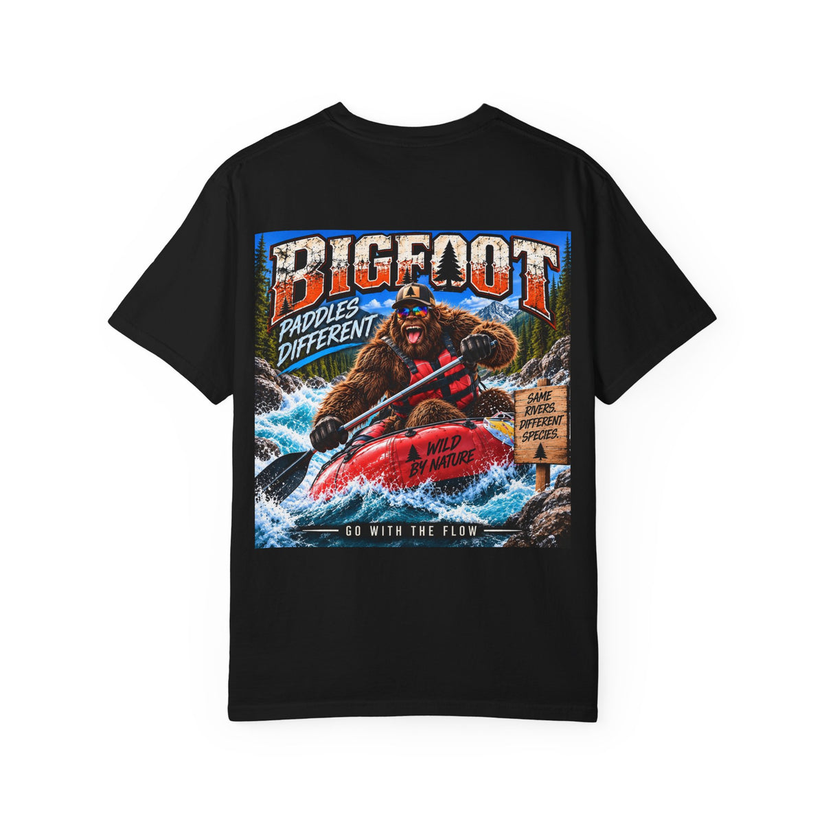 Back Print -  Bigfoot Kayaking Tee | Sasquatch Paddles Different, River Rapids Graphic Shirt