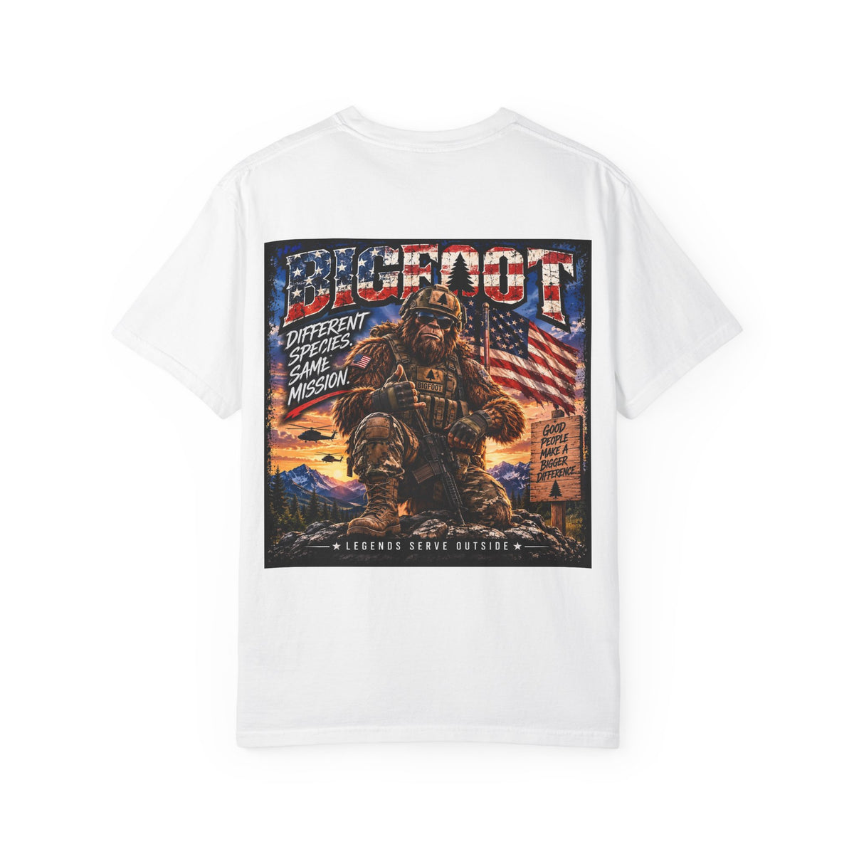 Back Print- Bigfoot American Flag Illustration T-Shirt | Sasquatch Retro Graphic Tee