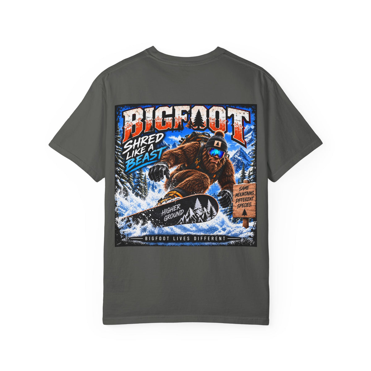 Back Print -  Bigfoot Snowboarder Illustration T-Shirt | Shred Like a Beast Tee