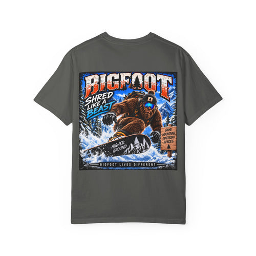 Back Print -  Bigfoot Snowboarder Illustration T-Shirt | Shred Like a Beast Tee