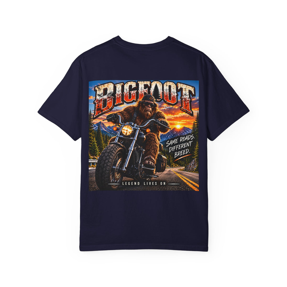 Back Print - Bigfoot Motorcycle Rider T-shirt | Sasquatch Biker Graphic, Retro Sunset