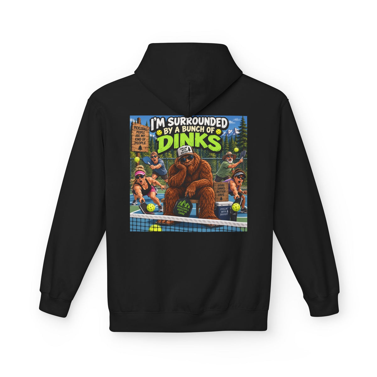 Back Print - I'm Surrounded by Dinos Hoodie | Retro Cartoon Dinosaur Illustration