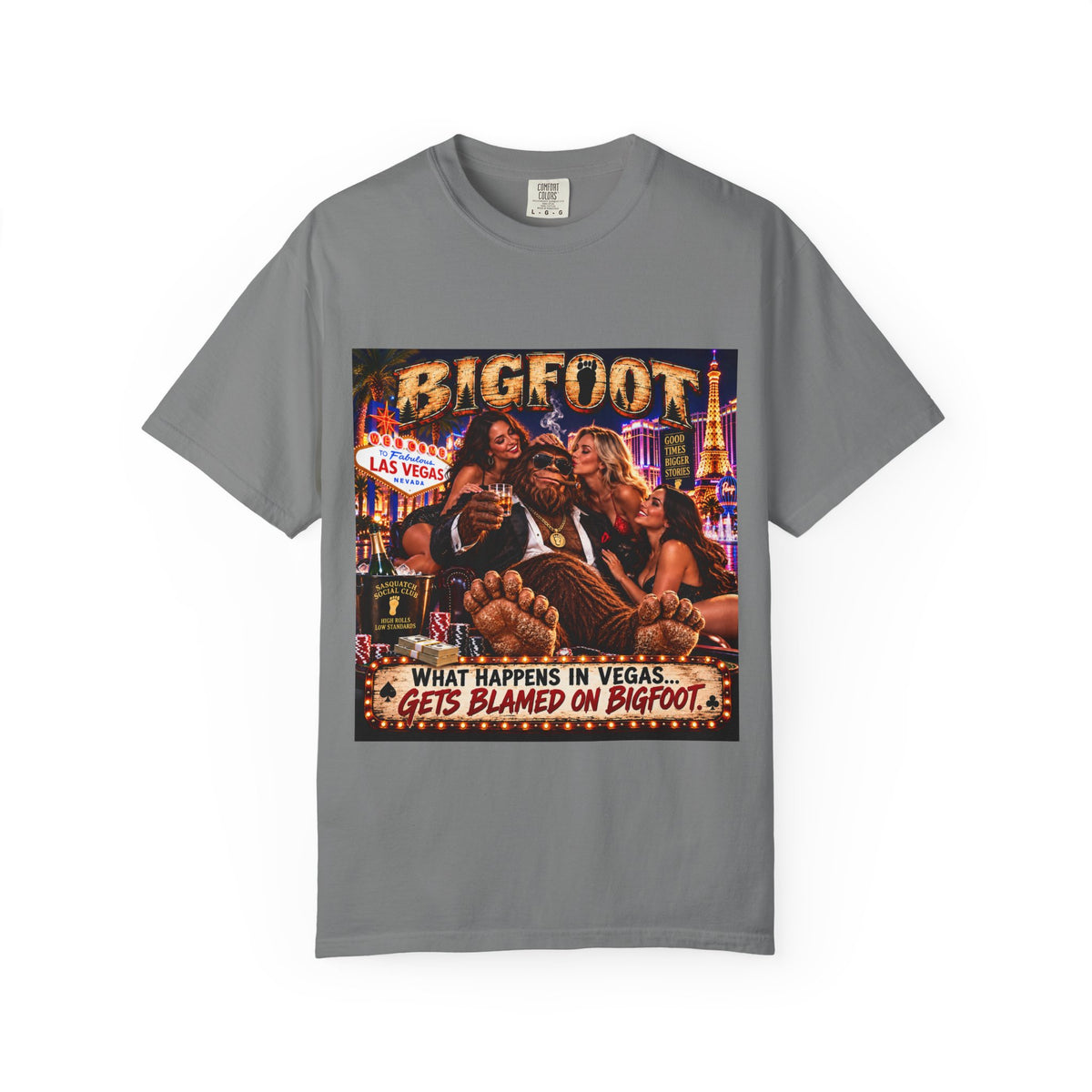 Bigfoot in Las Vegas T-shirt | Retro Casino Scene, 'What Happens in Vegas...'}