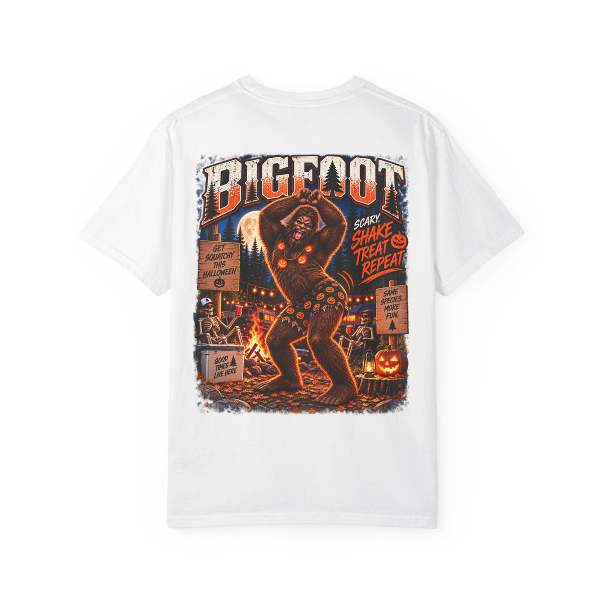 Back Print- Bigfoot Halloween Dance Illustration T-Shirt | Spooky Campfire Sasquatch Tee