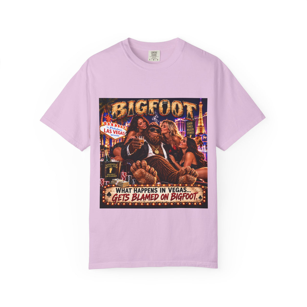 Bigfoot in Las Vegas T-shirt | Retro Casino Scene, 'What Happens in Vegas...'}