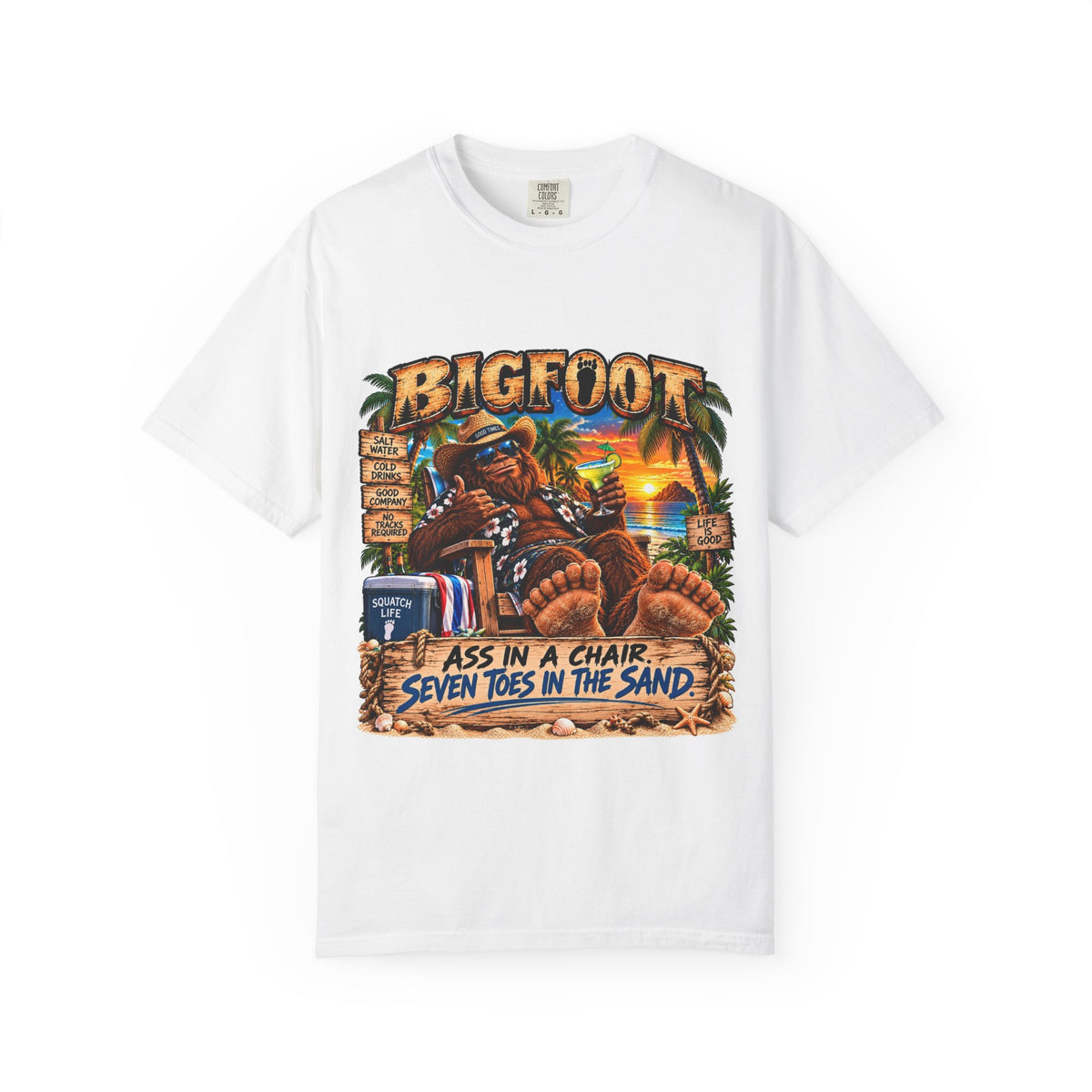 Bigfoot Beach Scene T-shirt | Bigfoot Relaxing in Chair Sunset Graphic