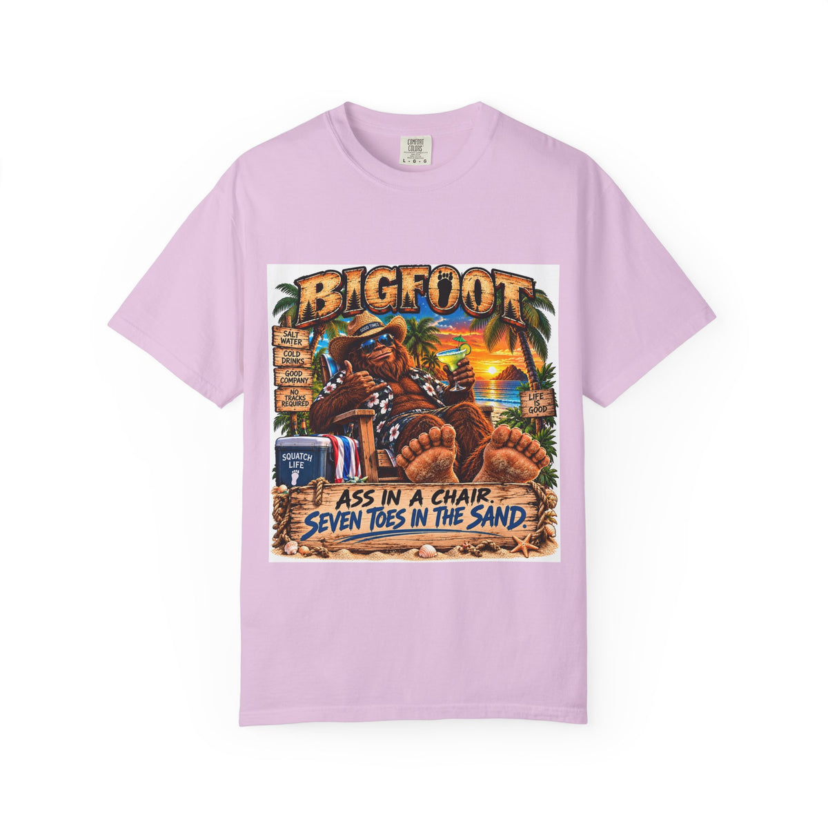 Bigfoot Beach Scene T-shirt | Bigfoot Relaxing in Chair Sunset Graphic