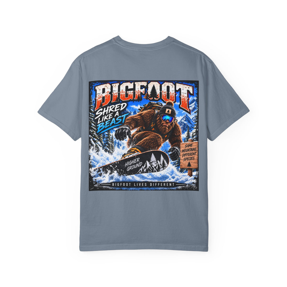 Back Print -  Bigfoot Snowboarder Illustration T-Shirt | Shred Like a Beast Tee