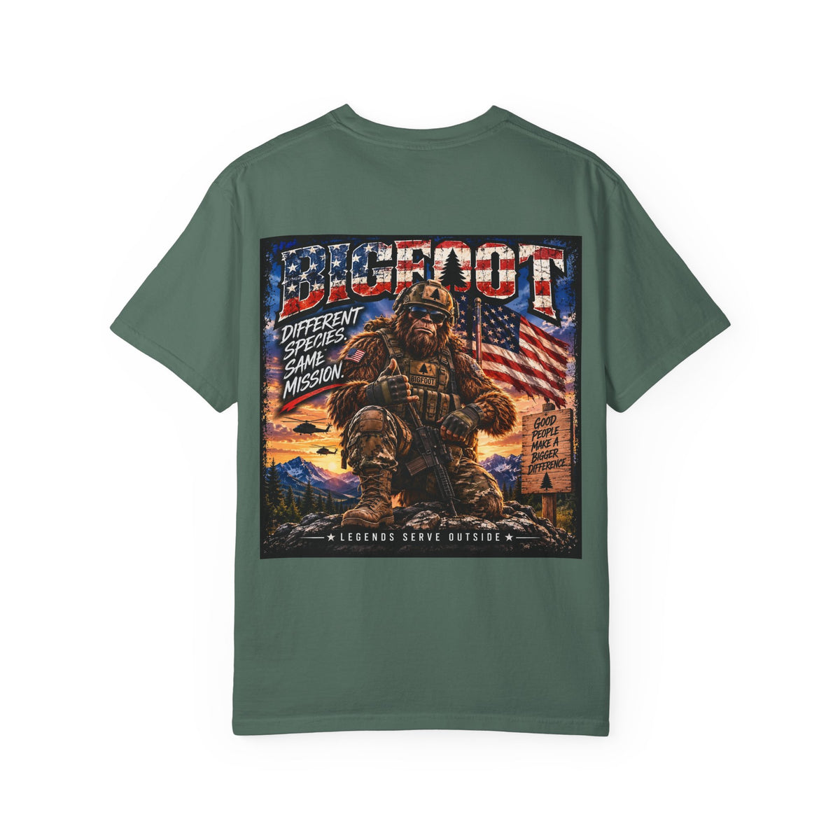 Back Print- Bigfoot American Flag Illustration T-Shirt | Sasquatch Retro Graphic Tee