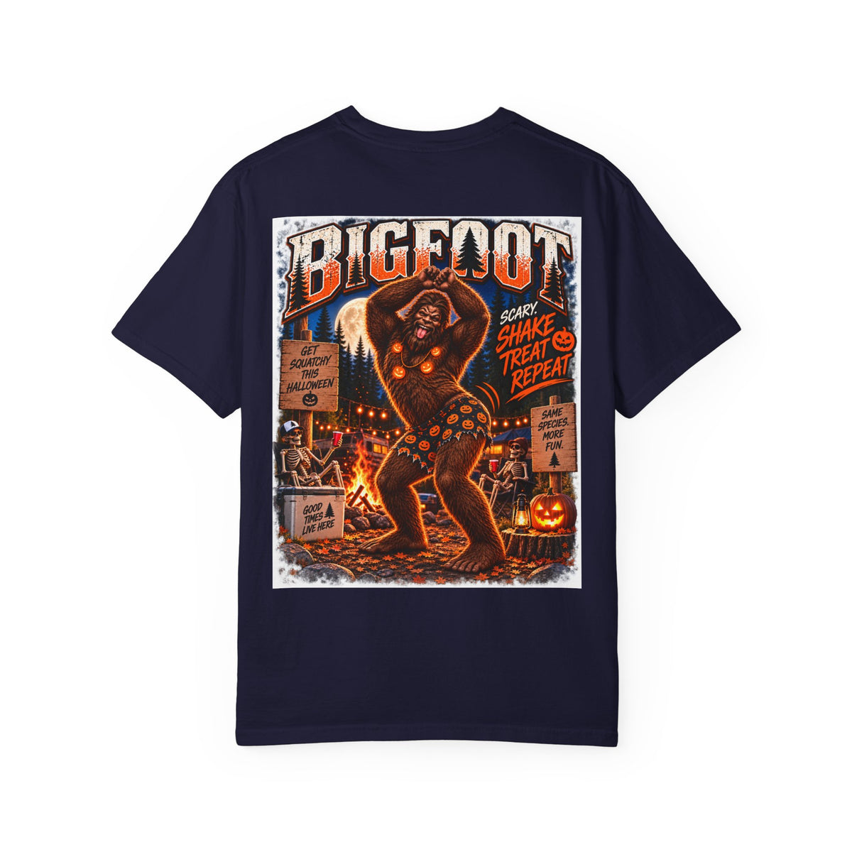 Back Print- Bigfoot Halloween Dance Illustration T-Shirt | Spooky Campfire Sasquatch Tee