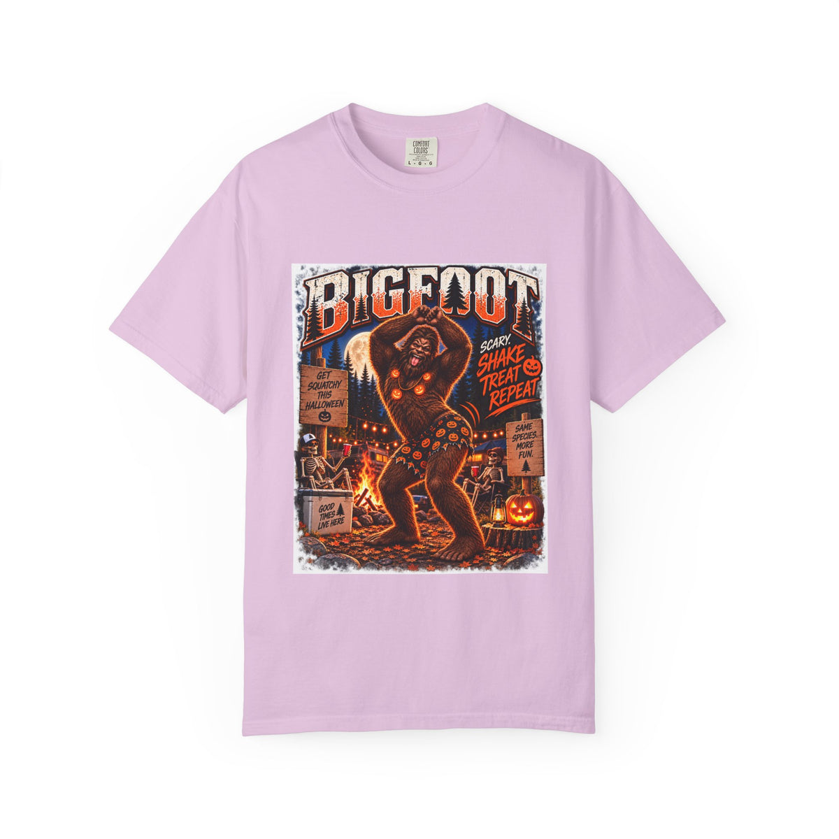 Bigfoot Halloween Dance Illustration T-Shirt | Spooky Campfire Sasquatch Tee