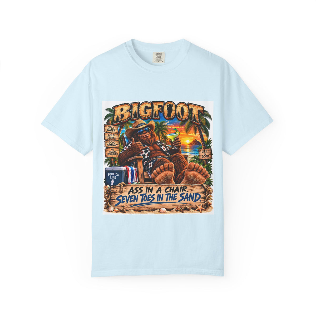 Bigfoot Beach Scene T-shirt | Bigfoot Relaxing in Chair Sunset Graphic