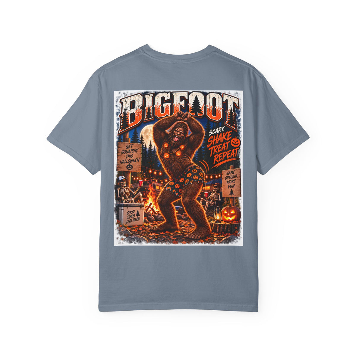 Back Print- Bigfoot Halloween Dance Illustration T-Shirt | Spooky Campfire Sasquatch Tee