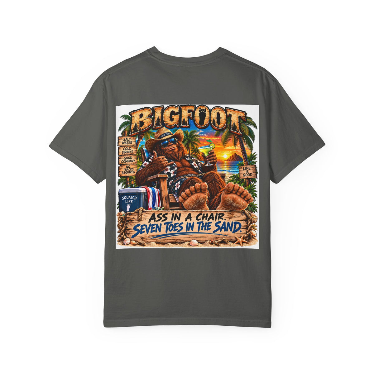 Back Print -Bigfoot Beach Scene T-shirt | Bigfoot Relaxing in Chair Sunset Graphic