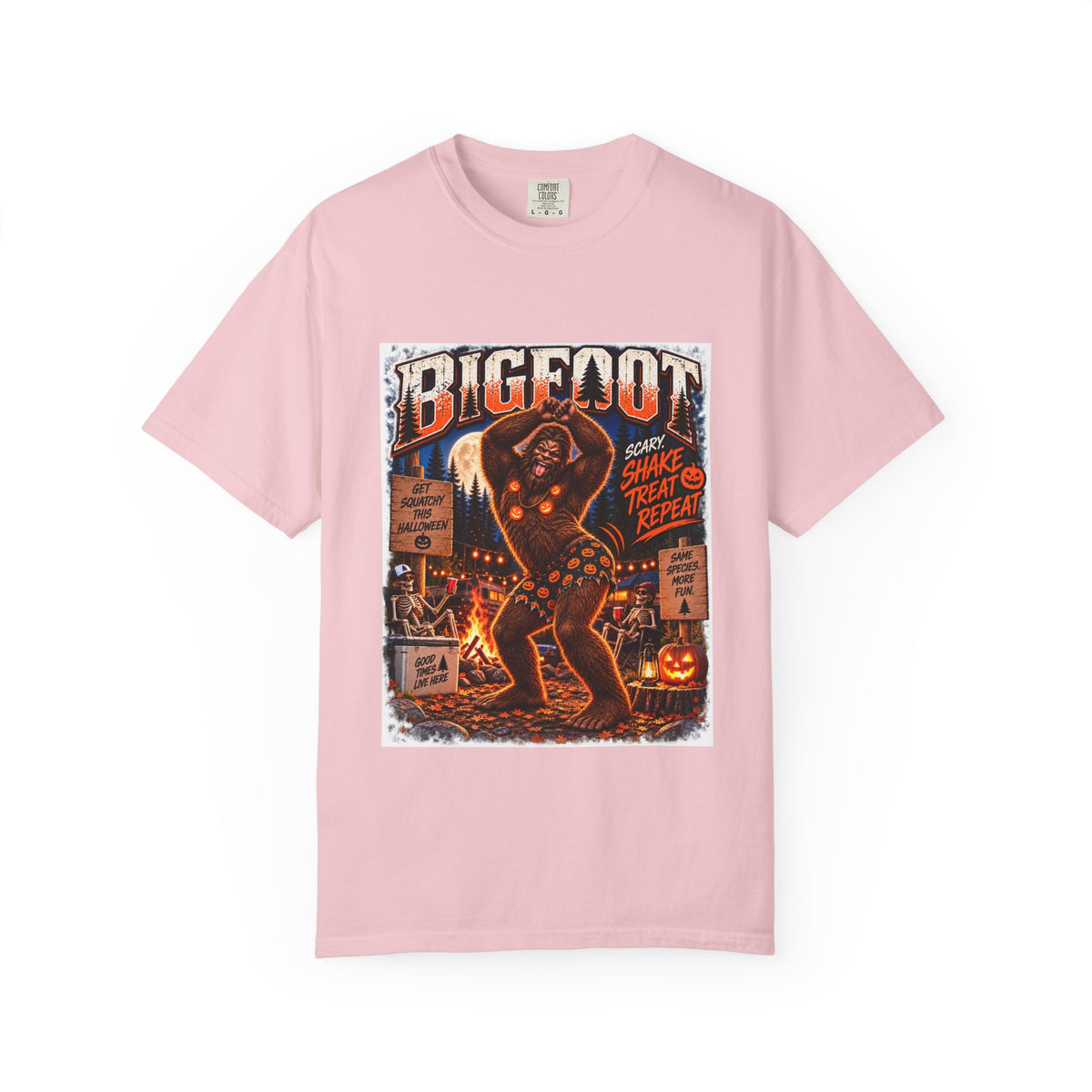 Bigfoot Halloween Dance Illustration T-Shirt | Spooky Campfire Sasquatch Tee