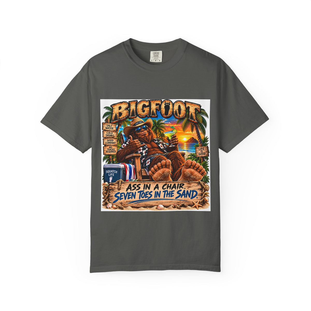 Bigfoot Beach Scene T-shirt | Bigfoot Relaxing in Chair Sunset Graphic