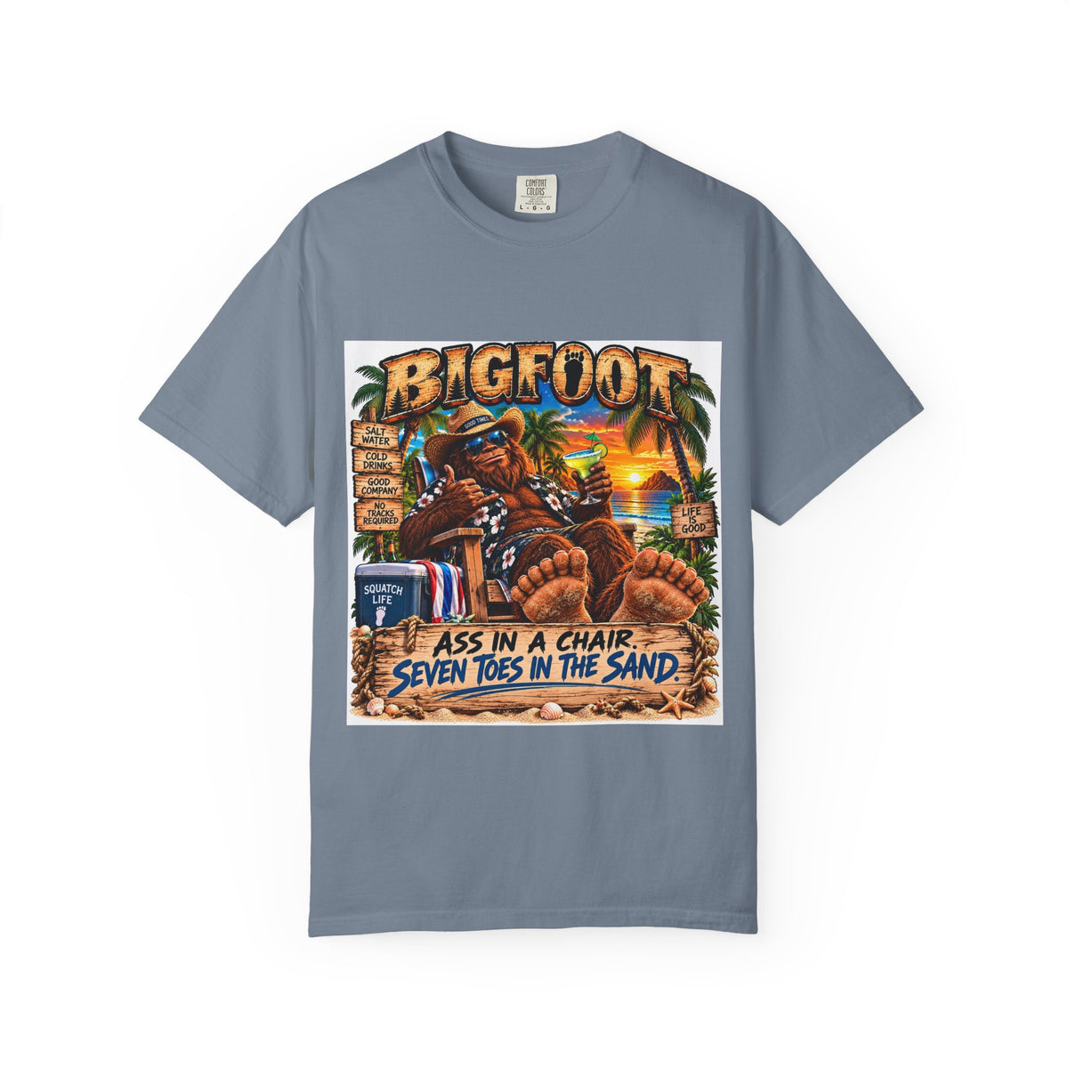 Bigfoot Beach Scene T-shirt | Bigfoot Relaxing in Chair Sunset Graphic
