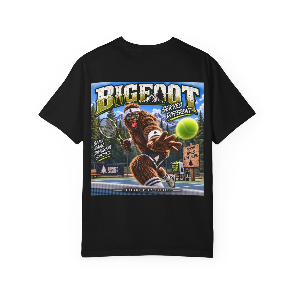 Back Print- Bigfoot Tennis Graphic T-Shirt | Vintage Sports Monster Illustration