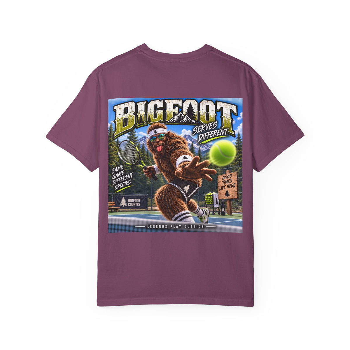 Back Print- Bigfoot Tennis Graphic T-Shirt | Vintage Sports Monster Illustration