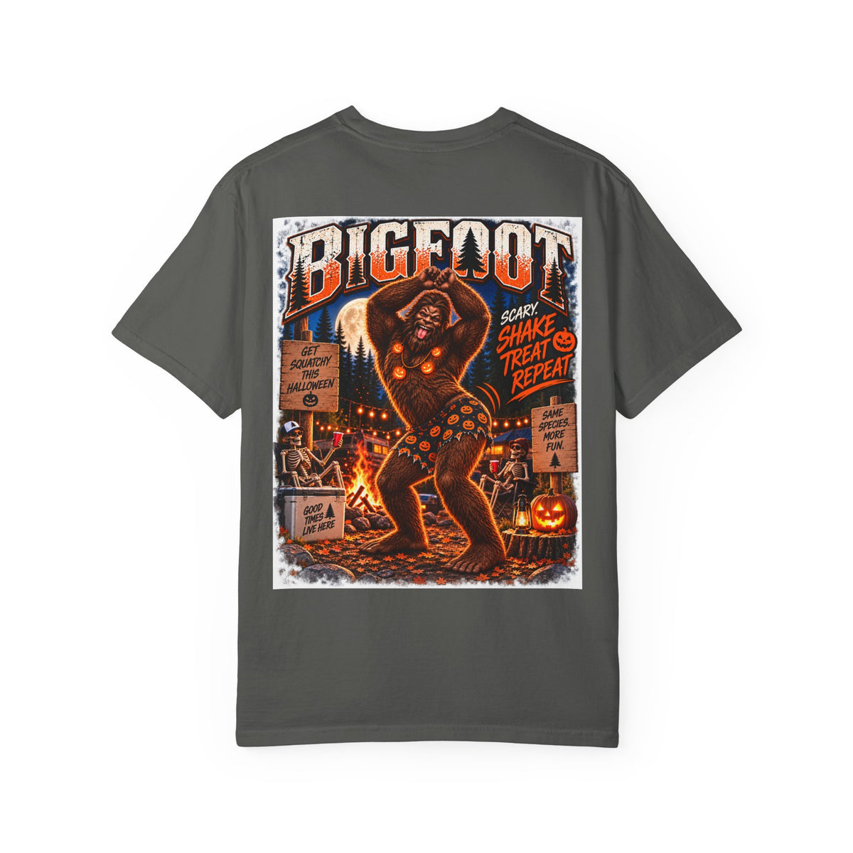 Back Print- Bigfoot Halloween Dance Illustration T-Shirt | Spooky Campfire Sasquatch Tee