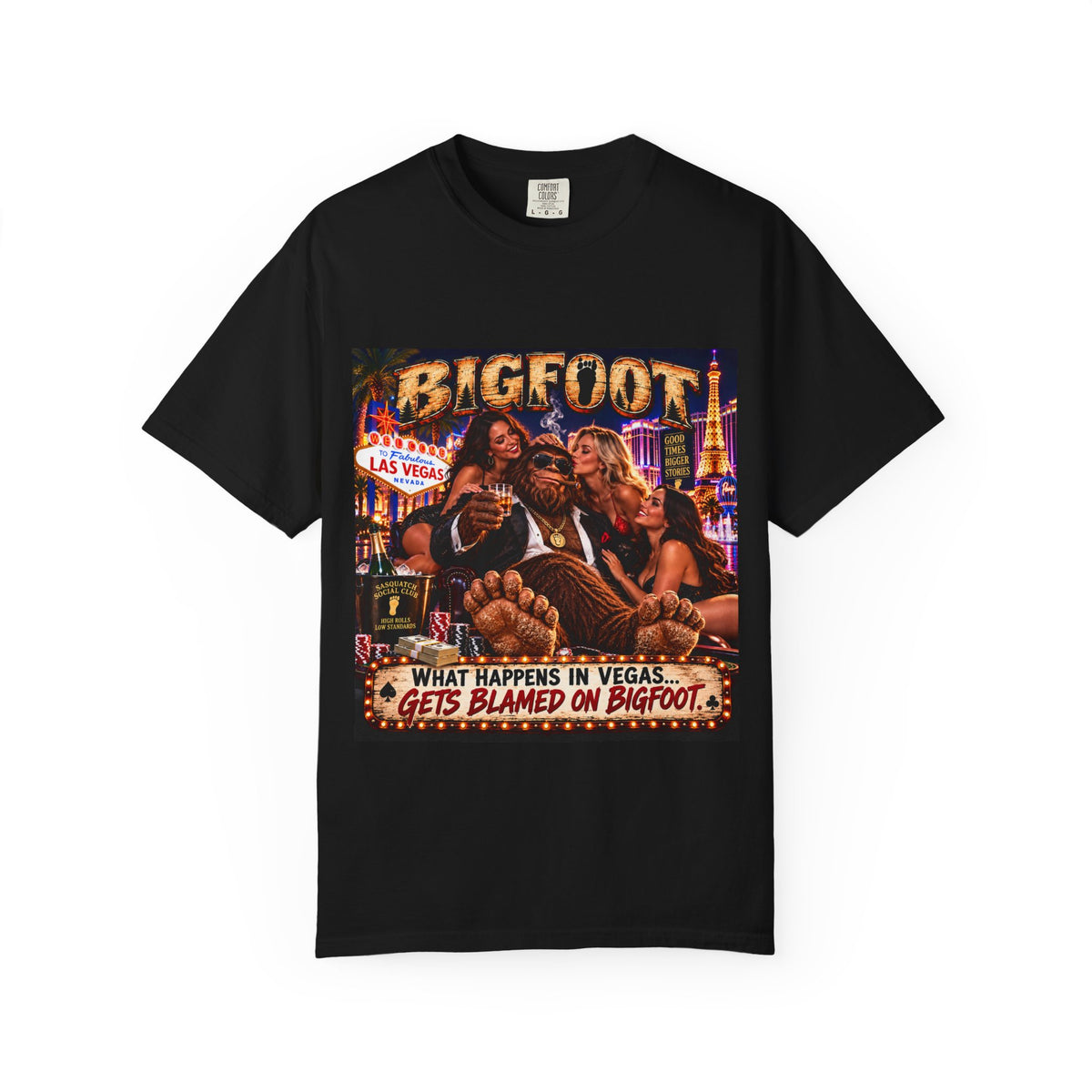 Bigfoot in Las Vegas T-shirt | Retro Casino Scene, 'What Happens in Vegas...'}