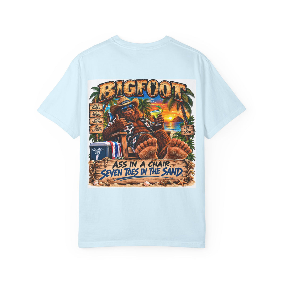 Back Print -Bigfoot Beach Scene T-shirt | Bigfoot Relaxing in Chair Sunset Graphic