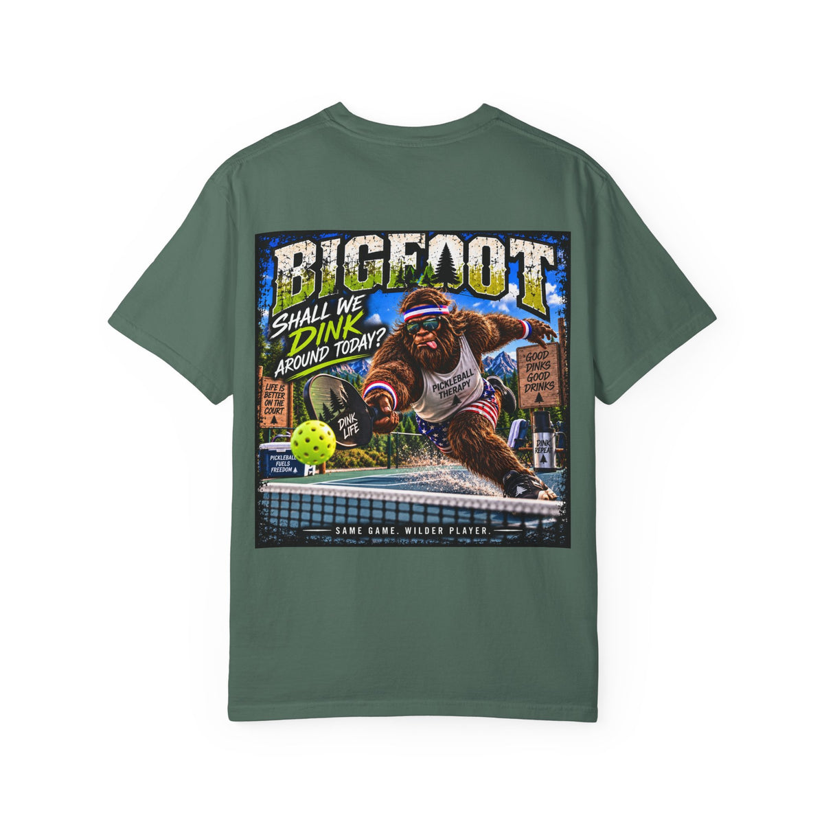 Back Print - Bigfoot Pickleball Poster Art T-Shirt | Shall We Dink Retro Graphic