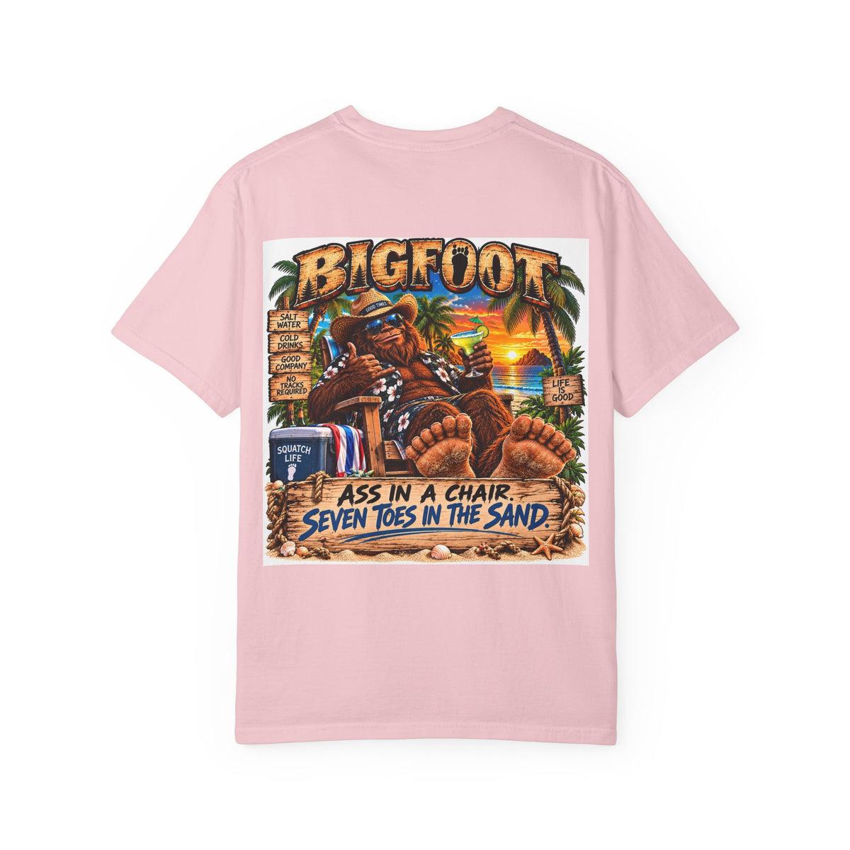 Back Print -Bigfoot Beach Scene T-shirt | Bigfoot Relaxing in Chair Sunset Graphic