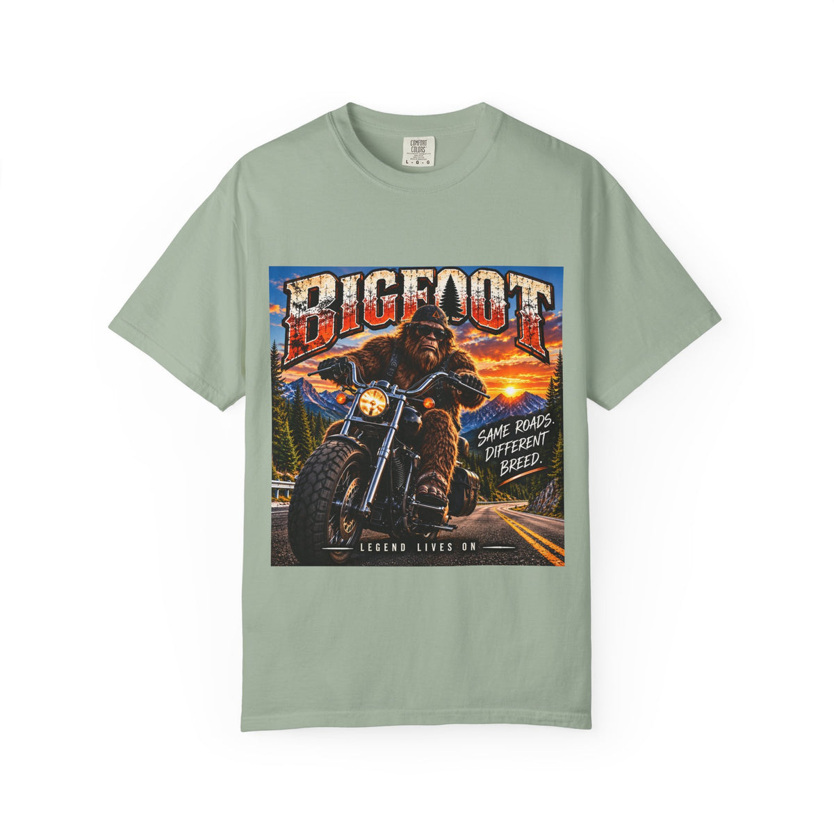 Bigfoot Motorcycle Rider T-shirt | Sasquatch Biker Graphic, Retro Sunset