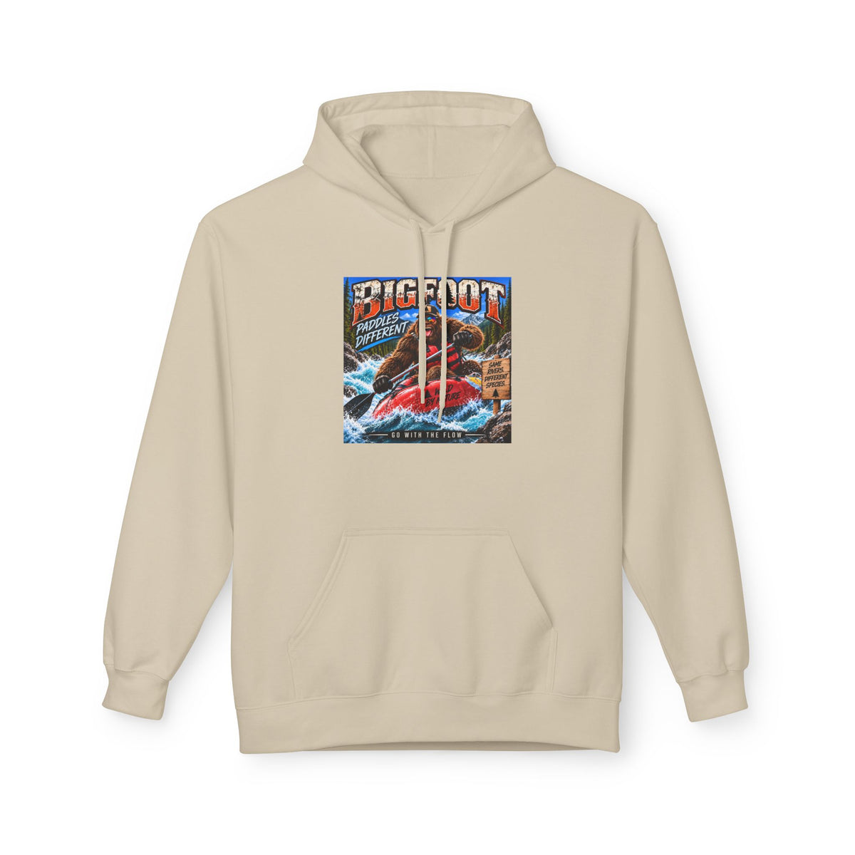 Bigfoot River Adventure Hoodie | Sasquatch Retro Poster Design