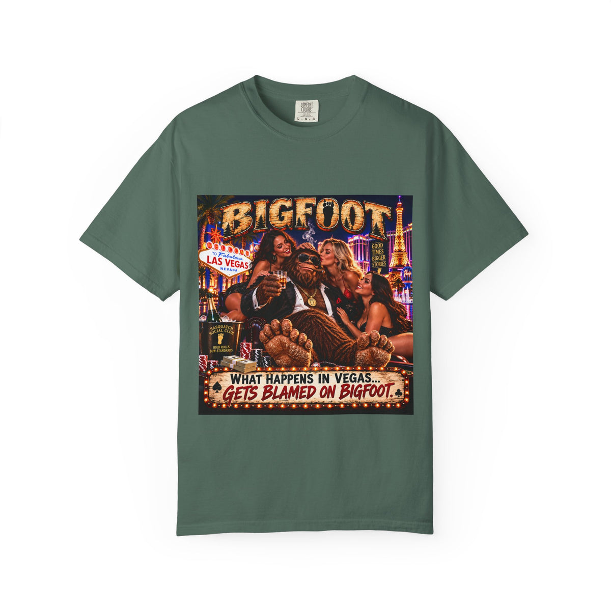 Bigfoot in Las Vegas T-shirt | Retro Casino Scene, 'What Happens in Vegas...'}