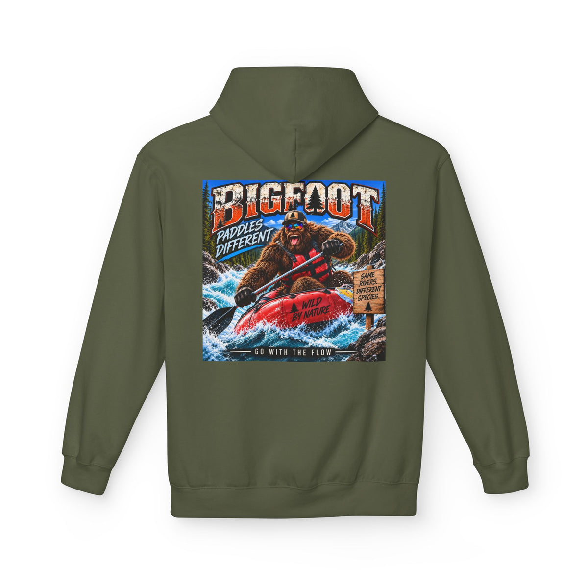 Back Print - Bigfoot River Adventure Hoodie | Sasquatch Retro Poster Design