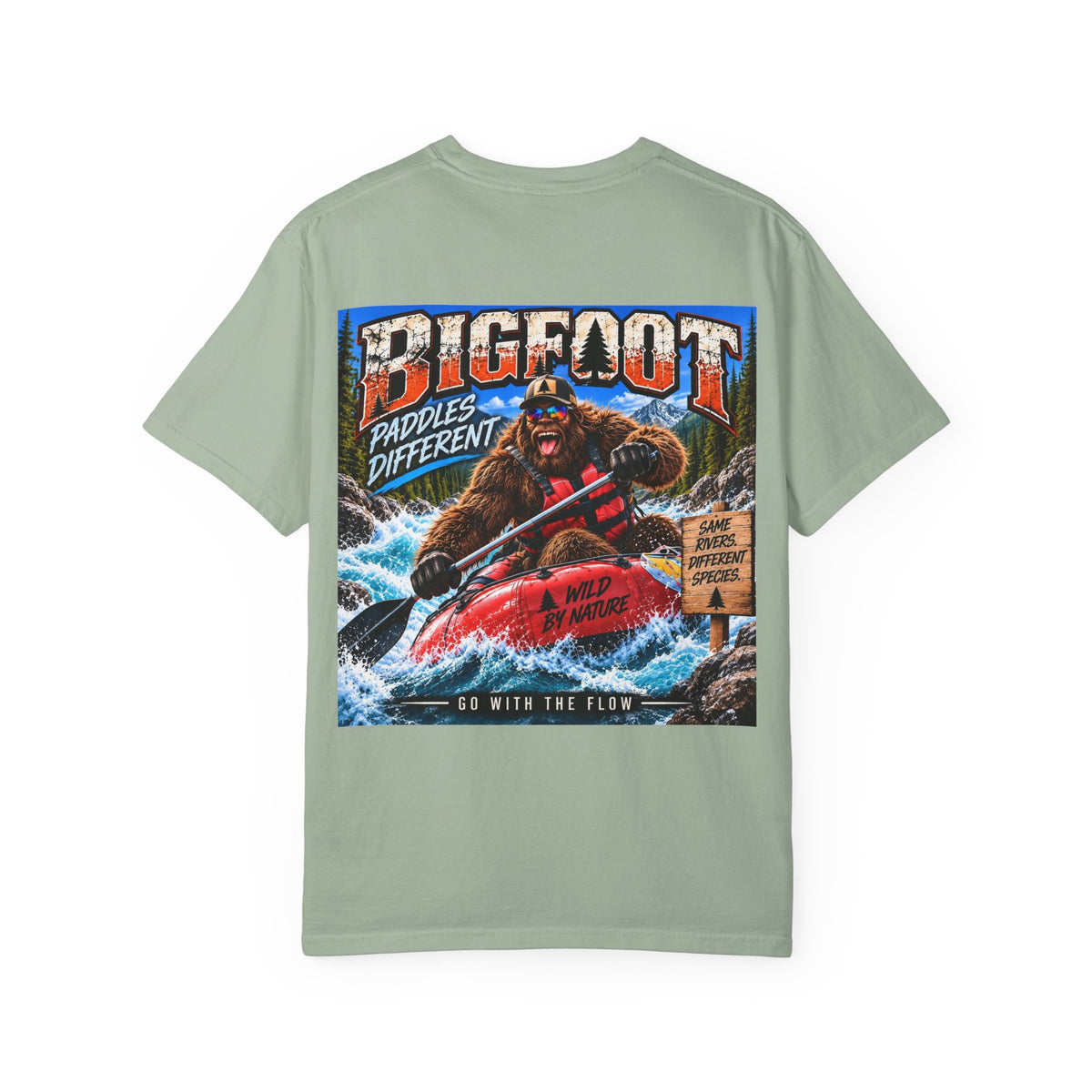 Back Print -  Bigfoot Kayaking Tee | Sasquatch Paddles Different, River Rapids Graphic Shirt
