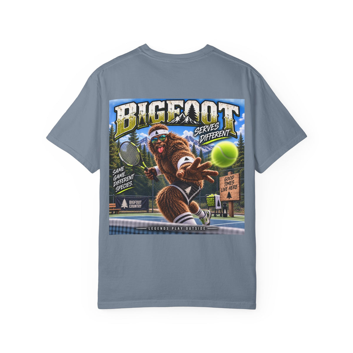 Back Print- Bigfoot Tennis Graphic T-Shirt | Vintage Sports Monster Illustration
