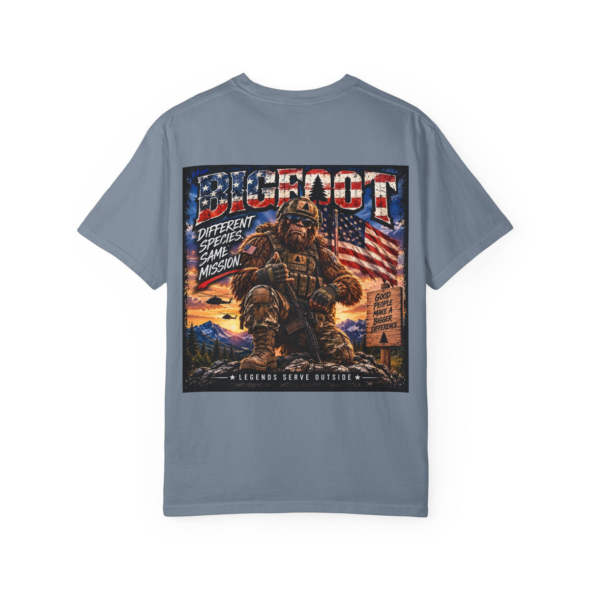 Back Print- Bigfoot American Flag Illustration T-Shirt | Sasquatch Retro Graphic Tee