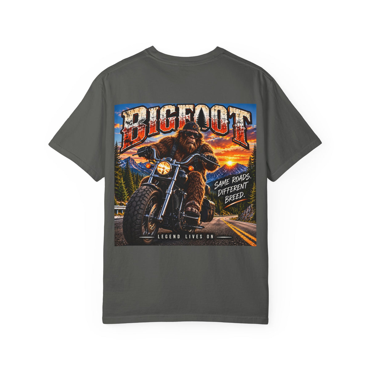Back Print - Bigfoot Motorcycle Rider T-shirt | Sasquatch Biker Graphic, Retro Sunset