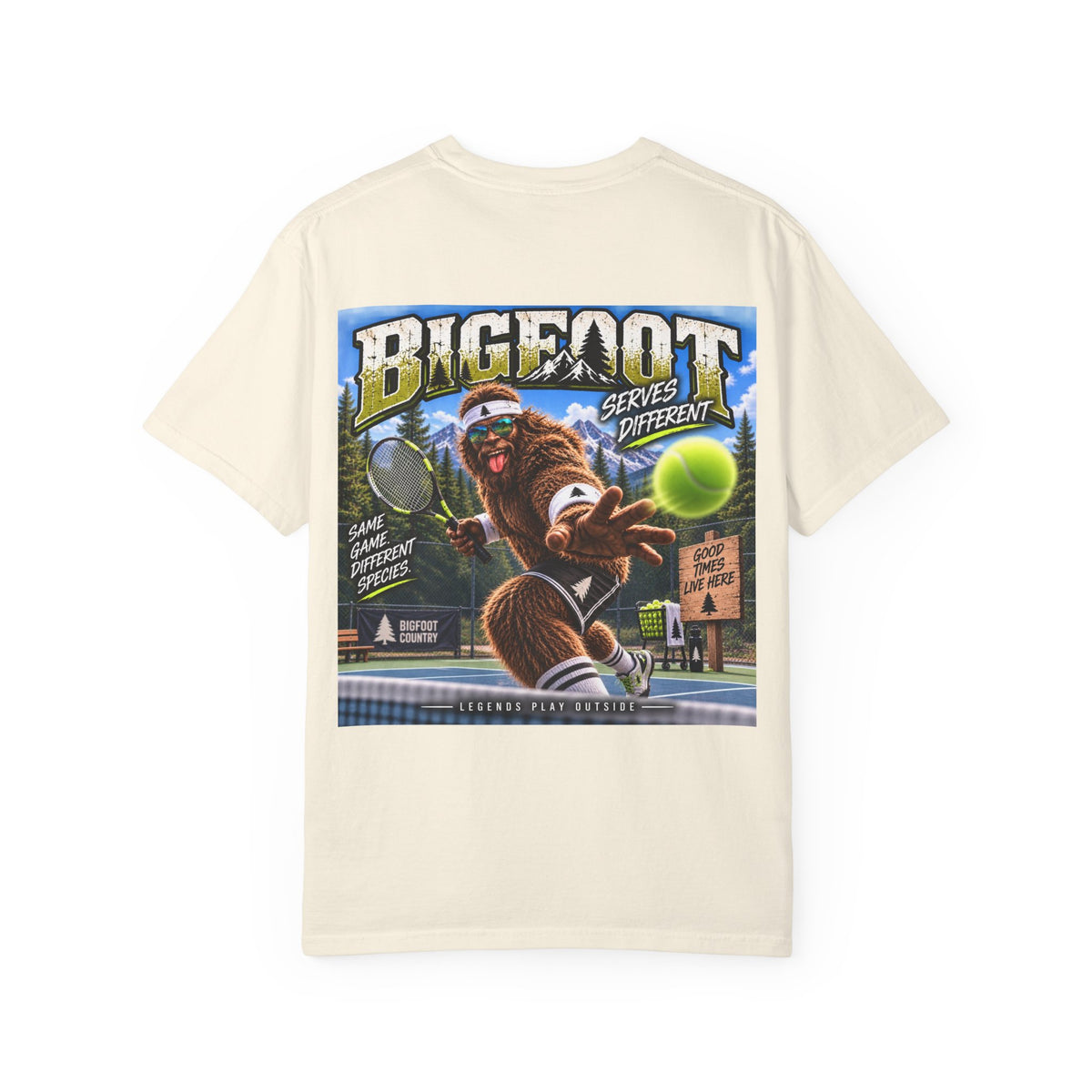 Back Print- Bigfoot Tennis Graphic T-Shirt | Vintage Sports Monster Illustration