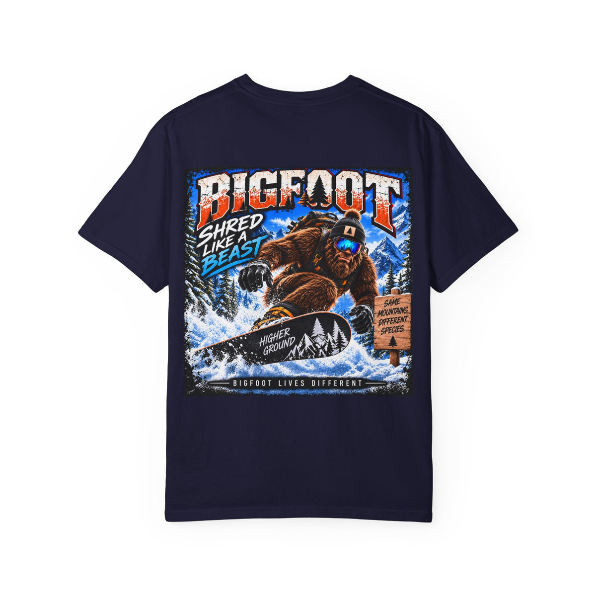 Back Print -  Bigfoot Snowboarder Illustration T-Shirt | Shred Like a Beast Tee
