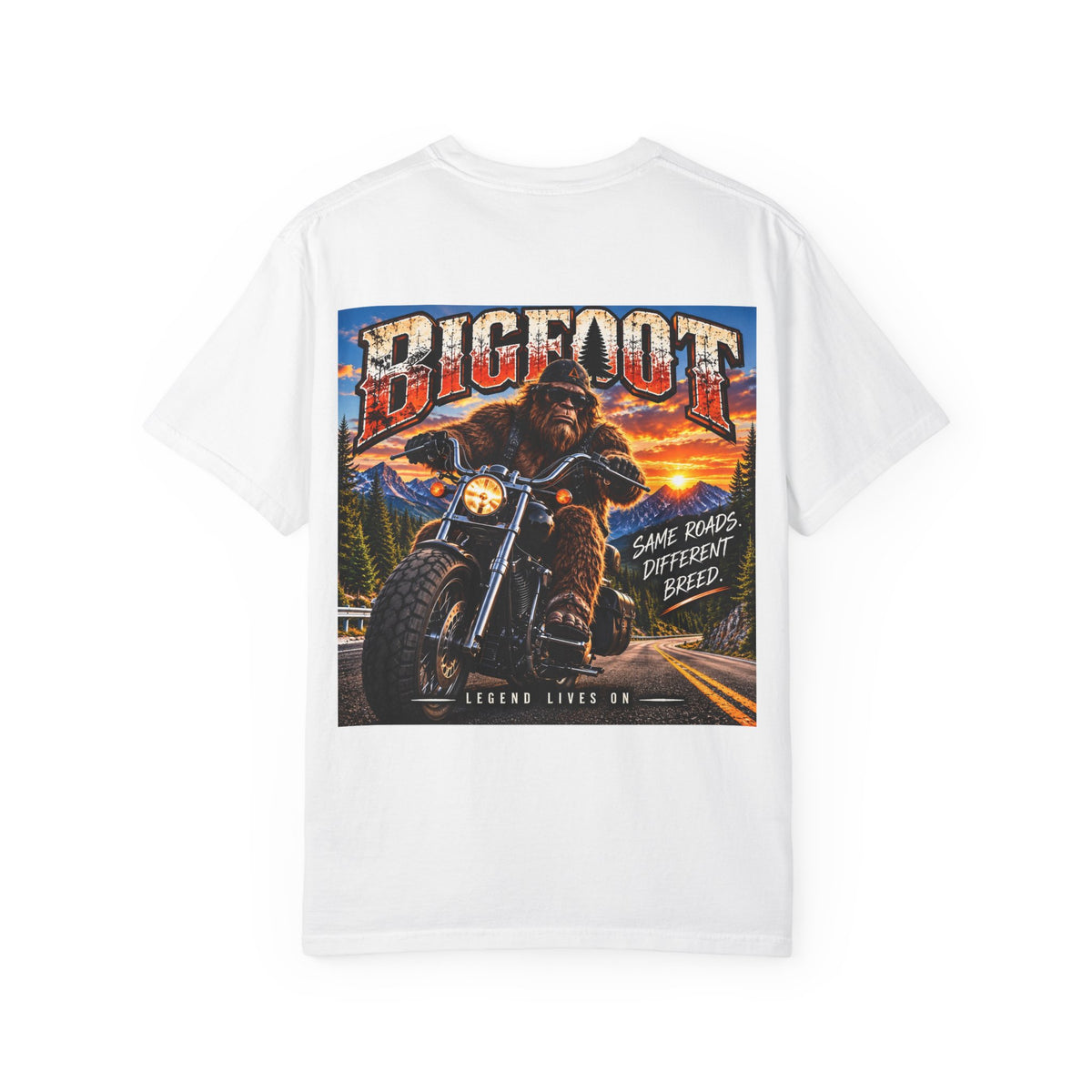 Back Print - Bigfoot Motorcycle Rider T-shirt | Sasquatch Biker Graphic, Retro Sunset