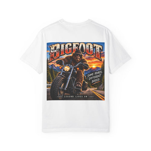 Back Print - Bigfoot Motorcycle Rider T-shirt | Sasquatch Biker Graphic, Retro Sunset