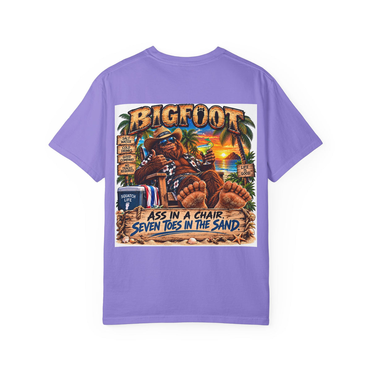 Back Print -Bigfoot Beach Scene T-shirt | Bigfoot Relaxing in Chair Sunset Graphic