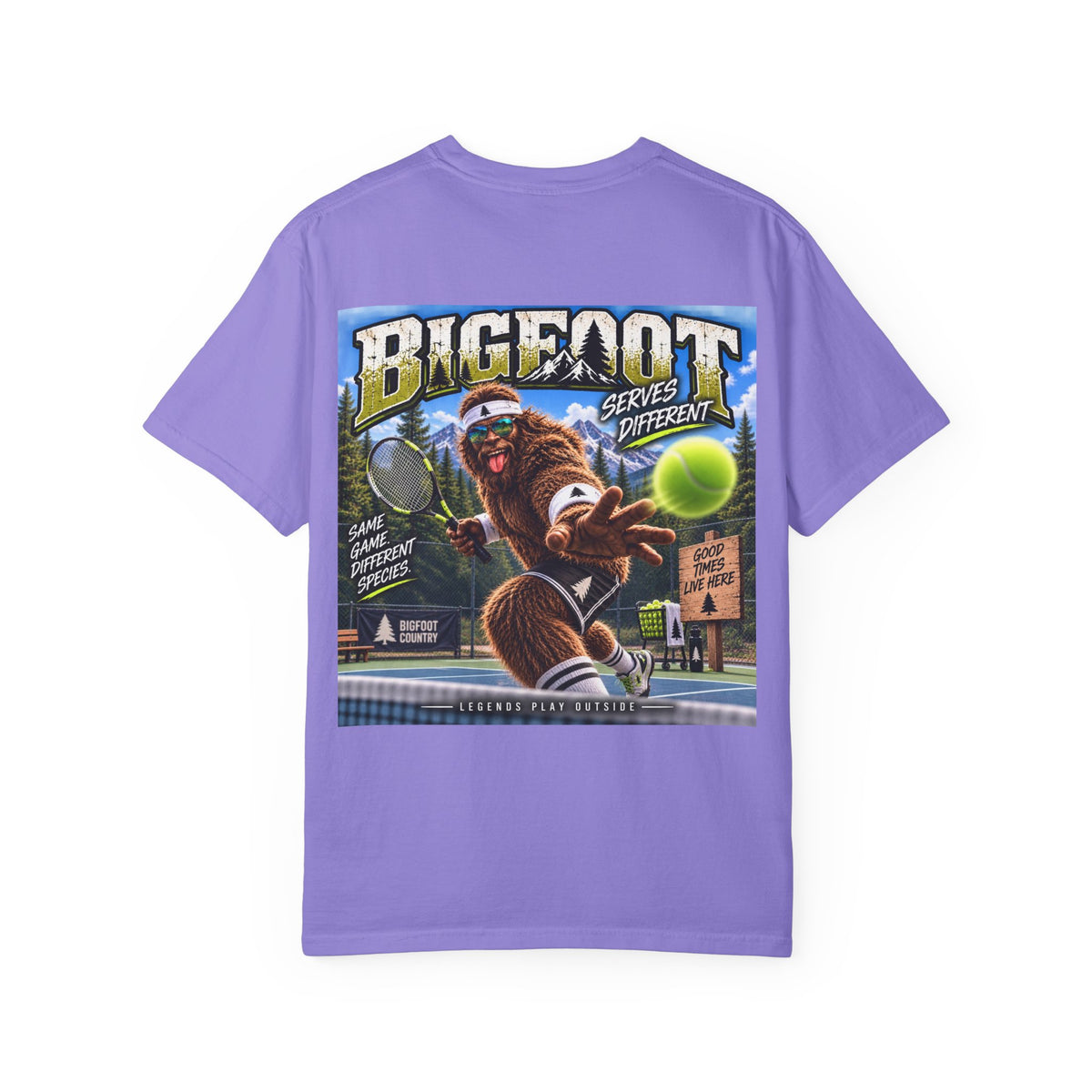 Back Print- Bigfoot Tennis Graphic T-Shirt | Vintage Sports Monster Illustration
