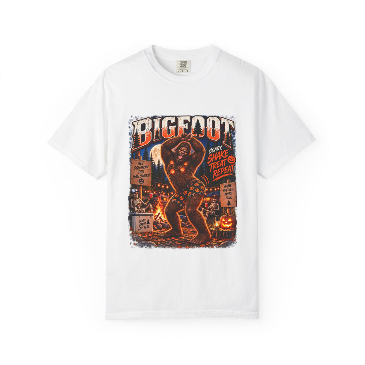 Bigfoot Halloween Dance Illustration T-Shirt | Spooky Campfire Sasquatch Tee